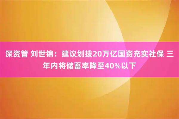 深资管 刘世锦：建议划拨20万亿国资充实社保 三年内将储蓄率降至40%以下